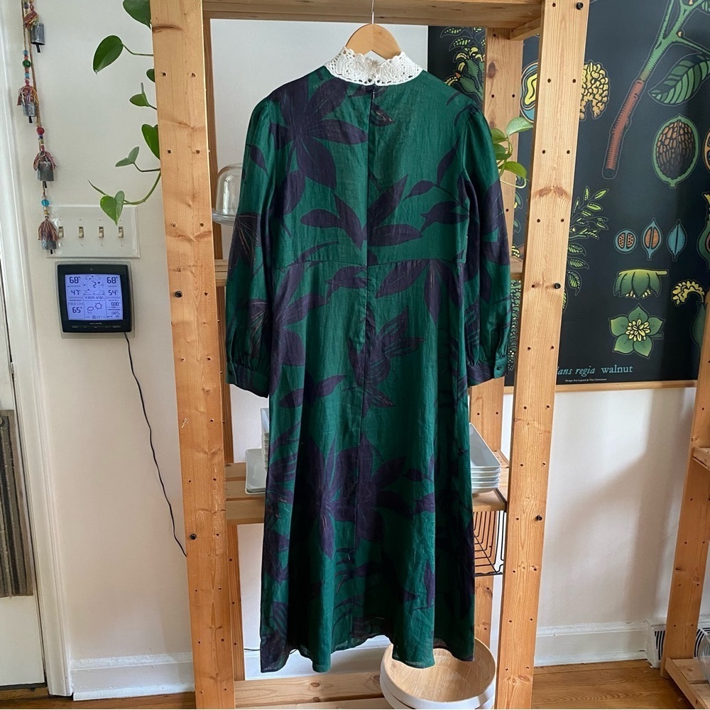 Zara Green Linen Palm Leaf Crochet Accent Midi Dress Small - Picture 6 of 16